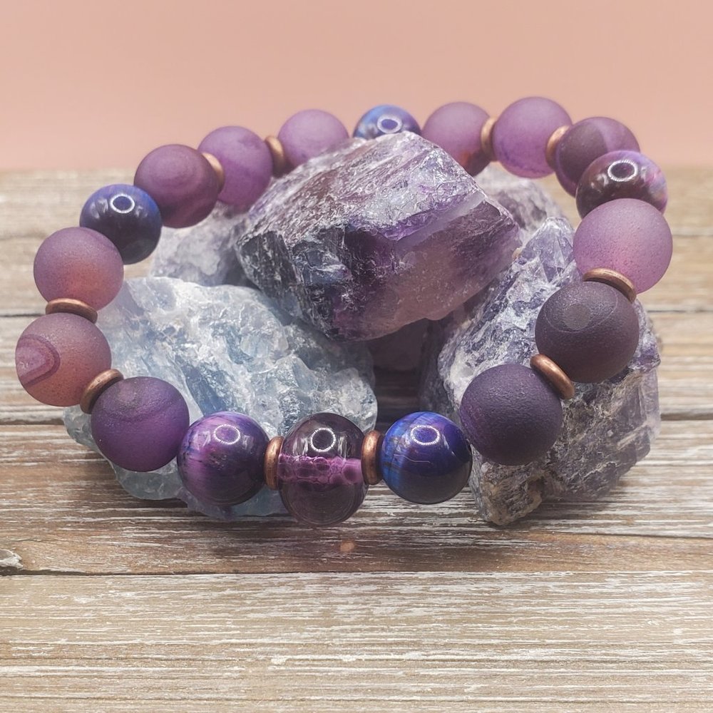 Purple Druzy Agate,  Galaxy Tigers Eye, Copper, and Lampwork Beaded Bracelet